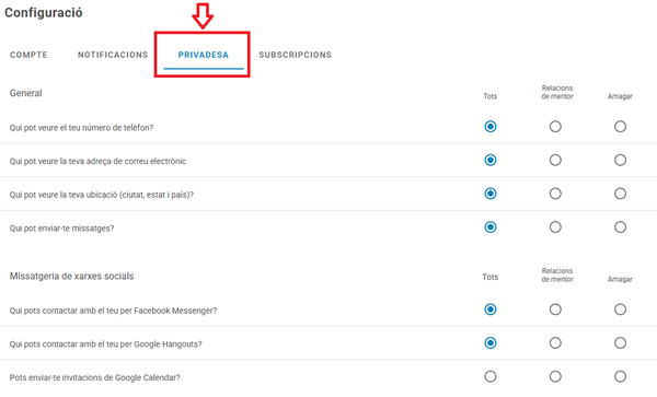 Configuració Privadesa