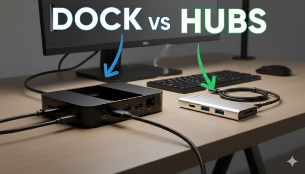 compartaiva d'una dock station i un hub per al teletreball
