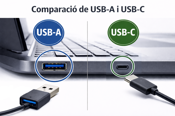 connexions mascle i femella de usb-c i usb-a per connectar el teclat i ratolí al portàtil durant el teletreball