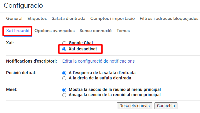 Chat desactivat a Gmail